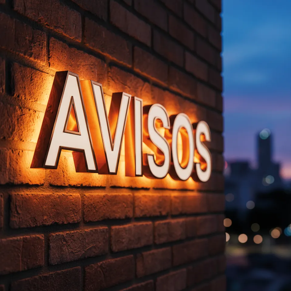 Aviso publicitario iluminado de metal y acrílico en pared de ladrillo