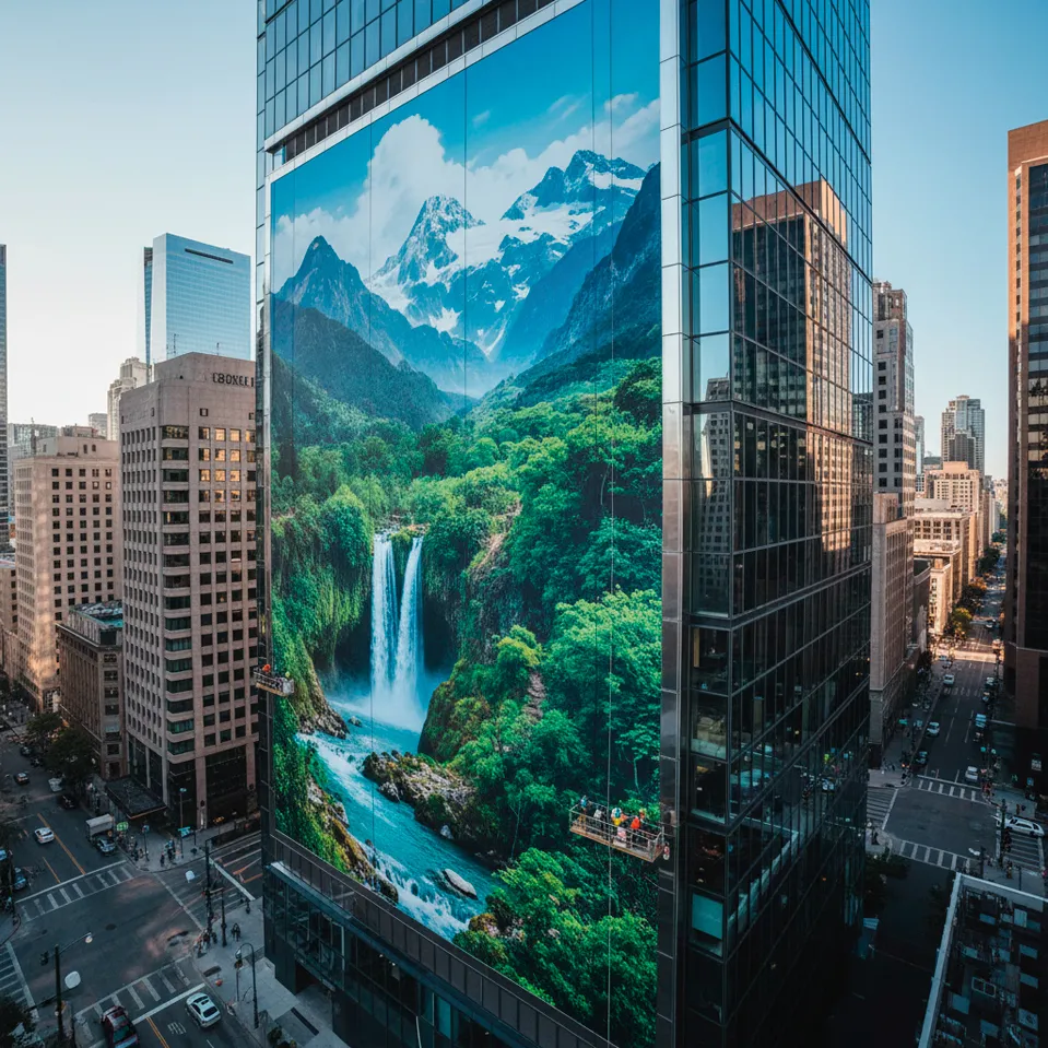 Instalación de impresión en gran formato en un rascacielos