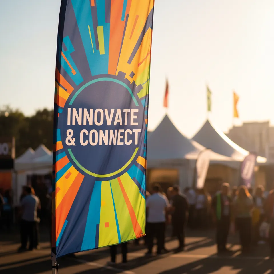 Pendón publicitario vibrante ondeando en un evento al aire libre