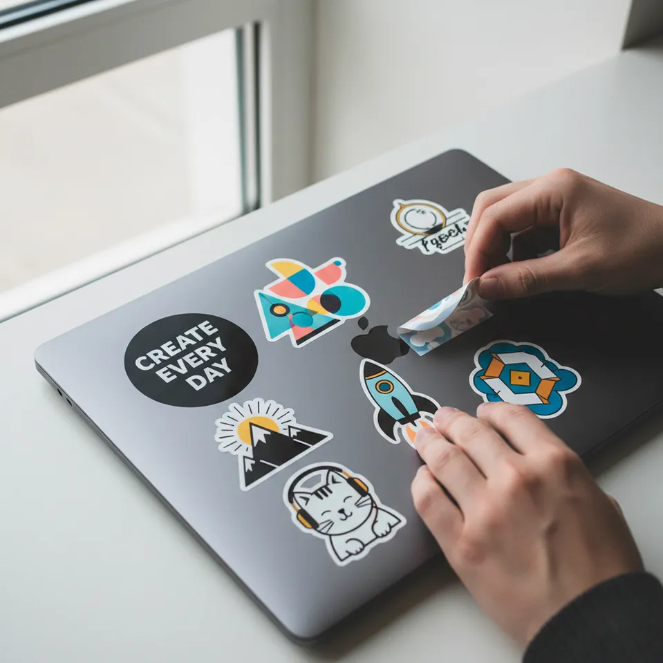 Colección de stickers personalizados vinilicos sobre un portátil